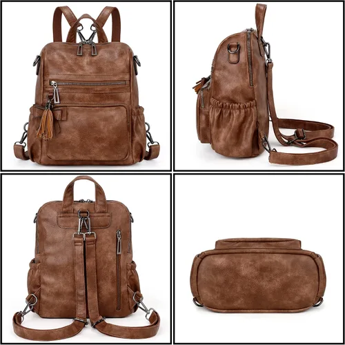 Vista 6 de UTO Mochila de cuero vegano para mujer, diseño de moda, convertible con borla, para viajes, con borla