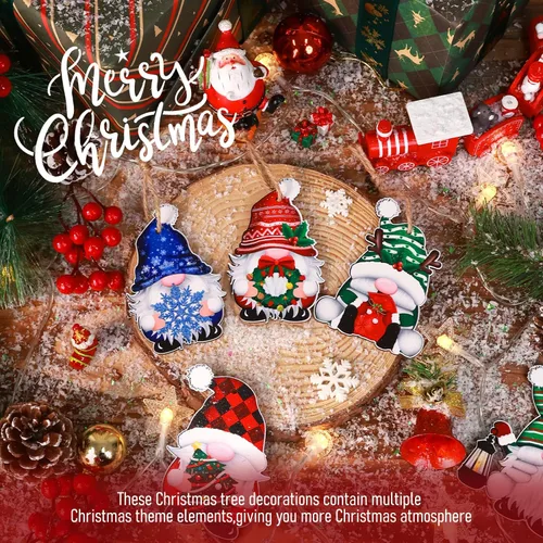 Vista 4 de 24 adornos de madera de gnomo de Navidad para colgar en el árbol de Navidad para suministros de fiesta de Navidad (Xmas-D)