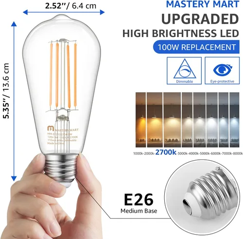 Vista 2 de MASTERY MART Bombilla LED de 100 W, bombillas Edison, bombillas regulables E26, 2700 K, blanco suave brillante, 9 W, 1100 lúmenes, bombilla vintage