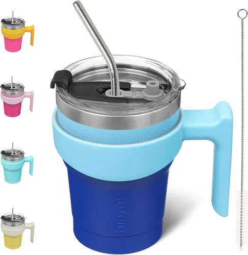 Vista 63 de BJPKPK Mini vaso de 10 onzas con tapa, popote y asa, taza de acero aislada