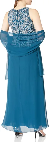 Vista 2 de J Kara Vestido largo con cuentas festoneadas sin mangas para mujer con bufanda