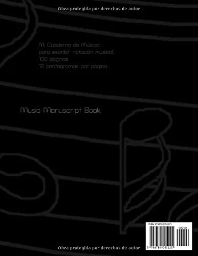 Vista 2 de Mi Cuaderno de Música para escribir notación musical. 100 páginas. 12 pentagramas por página. Tamaño A 4 "8.5 x 11 21.59 x 27.94 cm.