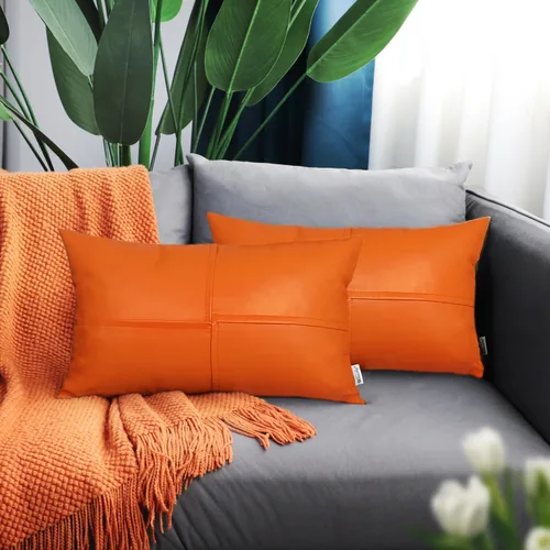 Vista 2 de BRAWARM Fundas de Almohada Decorativas de Cuero Sintético 12 X 20 Pulgadas, Fundas de Almohada Lumbar de Cuero Naranja Paquete de 2, Almohadas