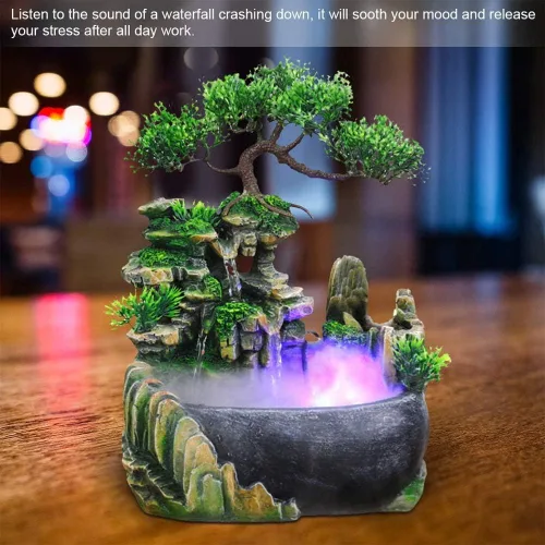 Vista 2 de Fuente de escritorio de relajación para interiores, cascada de meditación zen con bomba automática, cascada iluminada para decoración de escritorio