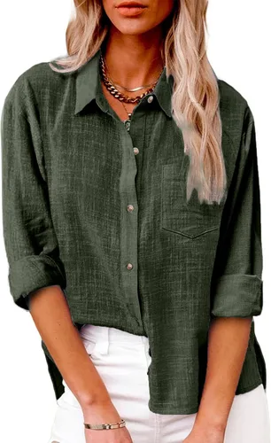 Vista 2 de Women's Striped Button Up Blouse Trendy Business Tops Dressy Soft Cotton Linen Tops Casual Long Sleeve Tops Fall Shirt