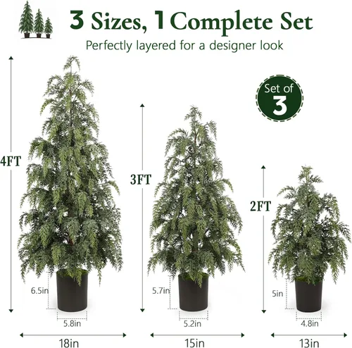 Vista 5 de 3PCS Christmas Artificial Cedar Trees for Outdoors Decorations, 2FT/3FT/4FT