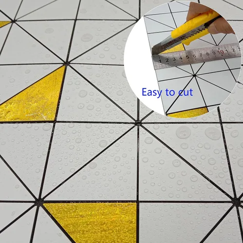 Vista 4 de XUANINY 7 hojas de azulejos en muro autoadhesivos, superficie de aluminio triangular de mosaico de metal, adhesivo de pared 3D de aluminio Dorado