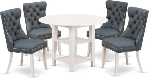 Vista 20 de East West Furniture SUDA5-LWH-12 - Juego de mesa de comedor de 5 piezas, incluye una mesa de cocina redonda con gotas y estantes y 4 sillas de tela