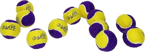 Vista 5 de Midlee Squeaky Mini pelota de tenis para perros de 1.5 pulgadas, paquete de 12 (amarillo/morado) Small Little Puppy Sized Tennis Balls