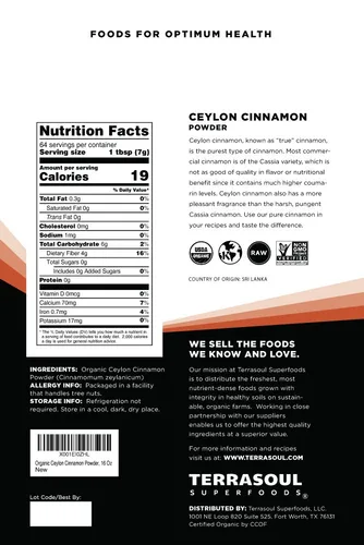 Vista 2 de Terrasoul Superfoods Polvo de canela de Ceilán orgánico, 16 onzas, probado en laboratorio para autenticidad, calidad y sabor premium.