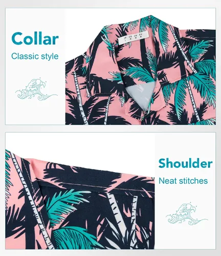 Vista 4 de BOJIN Camisas hawaianas de manga corta con botones para hombre, camisas casuales de verano, estampado floral tropical, camisas de playa Aloha