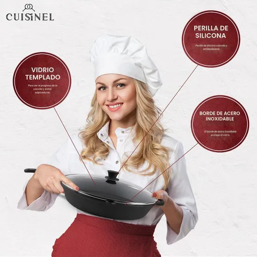 Vista 5 de Cuisinel Sartén de hierro fundido de 15" + tapa de vidrio + raspador de sartén negro + cubierta de agarre de mango de silicona - Utensilios