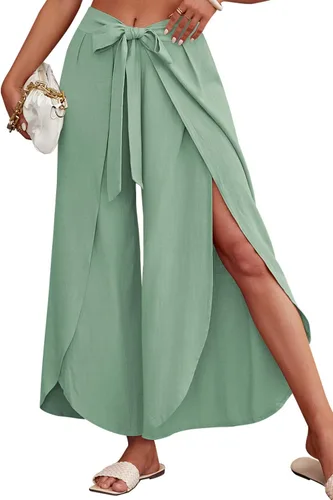Vista 4 de ReachMe Pantalones casuales estilo palazzo de cintura alta para mujer, pantalones holgados de pierna ancha con lazo frontal dividido