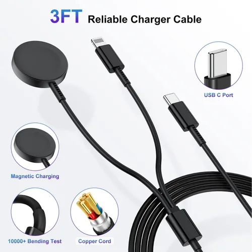 Vista 4 de Cargador de Apple Watch, cable de carga magnético USB C 2 en 1 y cable USB-C a L de 6 pies con bloque tipo C, carga rápida i-Watch Series Negro