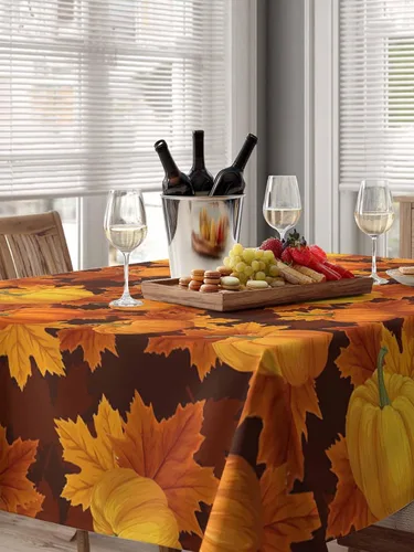 Vista 7 de Mantel rectangular de Acción de Gracias, mantel rectangular de calabaza naranja de 60 x 102 pulgadas, manteles de hojas de arce otoñales, mantel