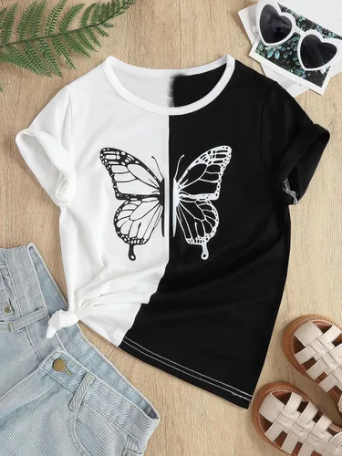 Vista 4 de SOLY HUX Camiseta de manga corta con estampado de mariposas y bloques de color para niña