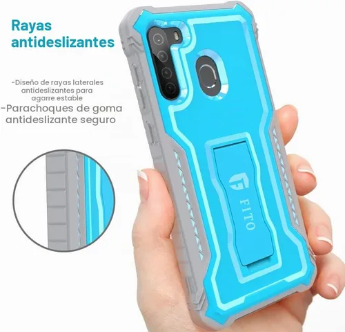 Vista 3 de FITO Funda para Samsung Galaxy A21, doble capa a prueba de golpes resistente con protector de pantalla para teléfono Samsung A21, soporte Azul