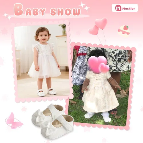 Vista 2 de Meckior Zapatos deportivos para bebé y niñas, suela suave, con lazo, princesa, vestido de boda, Mary Jane, planos, para recién nacidos, ligeros