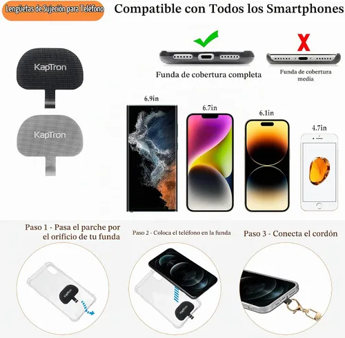 Vista 2 de Kaptron 2 cordones para teléfono celular: correa universal ajustable para teléfono y correa de muñeca, con 2 clips de langosta y 2 parches
