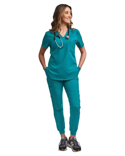Vista 6 de Green Town Conjunto de ropa quirúrgica para mujer, pantalón deportivo y parte superior con cuello en V, 5 bolsillos, cintura de yoga, uniforme