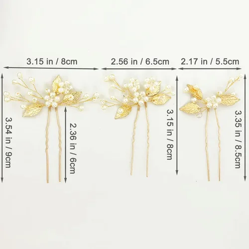 Vista 5 de Juego de 3 horquillas para el pelo de boda con forma de U y hojas doradas, accesorios para la cabeza para novias, mujeres, niñas, fiestas, juego de 3