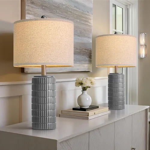 Vista 3 de PoKat Juego de 2 lámparas de mesa de cerámica gris oscuro de 23 pulgadas para sala de estar, lámparas de noche modernas para dormitorio, lámpara