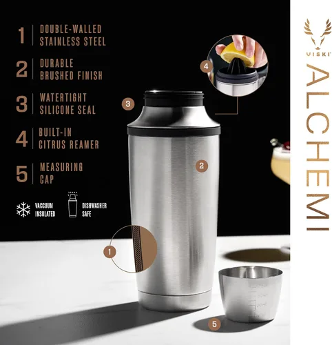 Vista 3 de Viski Alchemi - Coctelera aislada al vacío con escariador de cítricos, tapa, colador para cócteles fríos, margarita, whisky sour, coctelera