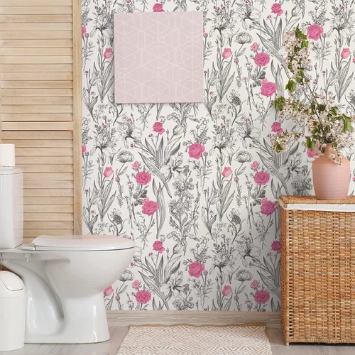Vista 5 de VEELIKE Papel tapiz de dibujo floral gris para despegar y pegar, papel tapiz de flores rosas de 17.7 x 118 pulgadas, papel de pared botánico vintage
