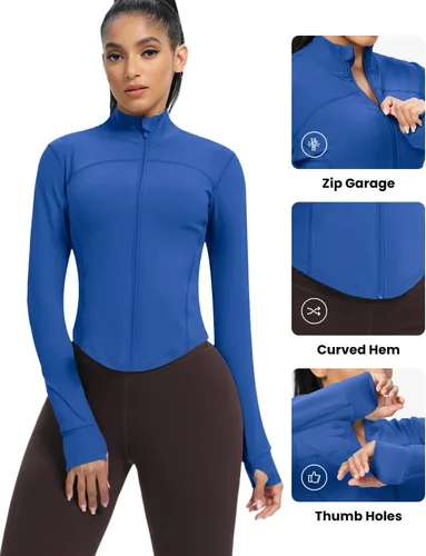 Vista 59 de AVGO Chaquetas de entrenamiento recortadas para mujer, con cremallera, ajustadas, atléticas, con agujeros para el pulgar