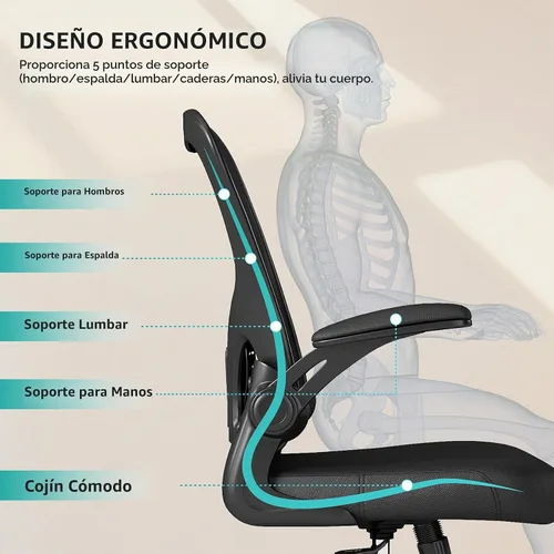 Vista 10 de Flysky Silla de oficina de malla, sillas ergonómicas de escritorio para Negro