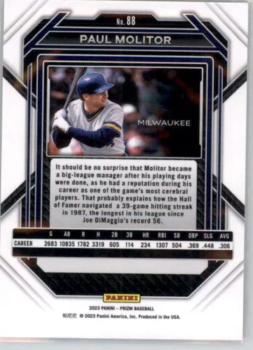 Vista 2 de 2023 Panini Prizm #88 Paul Molitor Milwaukee Brewers Baseball Card in Raw (NM or Better) Condition