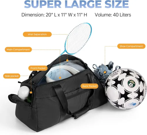 Vista 5 de Bolsa de gimnasio grande para mujer con compartimento para zapatos bolsa deportiva de 40 L para hombres con bolsillo húmedo bolsa de lona ligera