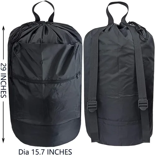 Vista 5 de Mochila lavable con bolsillo con cremallera, bolsa de ropa resistente, 2 correas de hombro ajustables fuertes con cierre de cordón para viajes