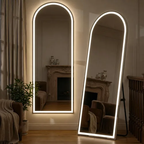 Vista 7 de Espejo arqueado de longitud completa de 71 x 26 pulgadas con luces LED, espejo de suelo con soporte, espejo de pared de longitud completa, espejo