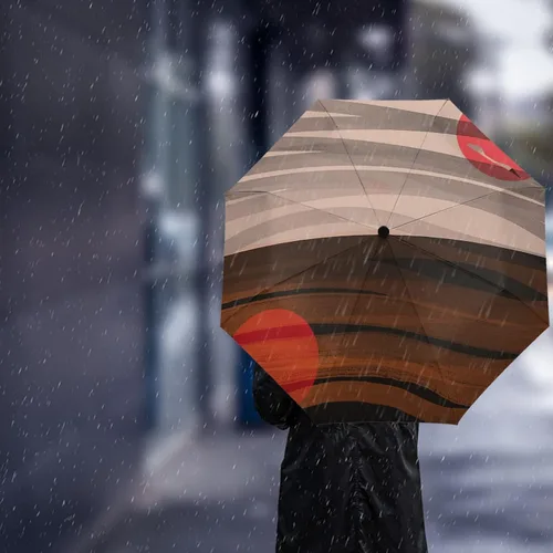 Vista 3 de WSSBK Paraguas automático de color marrón degradado para lluvia y sol, hombre y mujer, sombrilla plegable con estampado de atardecer