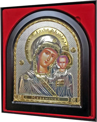 Vista 3 de handmade Icono ortodoxo ruso La Virgen María de Kazán en Revetment - Riza de metal plateado (Oklad) con caja de regalo