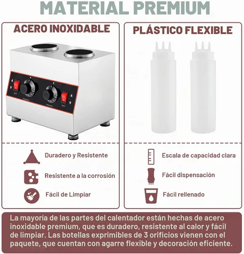 Vista 5 de Dispensador eléctrico de salsa con 2 botellas de salsa de 22 onzas y 3 agujeros, calentador de botellas para chocolate caliente, queso nacho