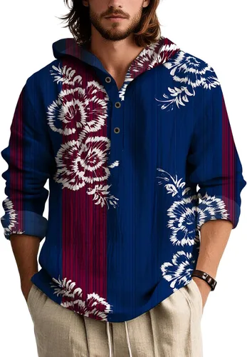 Vista 17 de Sudadera con capucha con estampado floral colorido para hombre, con botones, holgada, de manga larga, sudadera con capucha de gran tamaño para otoño