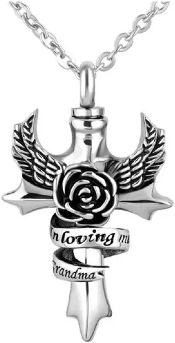 Vista 3 de Collar de urna de alas de ángel con cruz para cenizas en memoria amorosa, papá, mamá, abuela, abuelo, hermano, hermana, tía, hijo, cremación