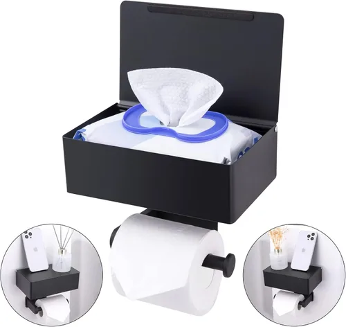 Vista 8 de Soporte de papel higiénico adhesivo con estante y almacenamiento, juego de soporte de rollo de papel higiénico montado en la pared y dispensador