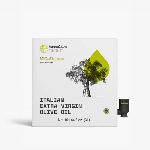 Vista 5 de Tunnaliva EVO Oil - Aceite de Oliva Virgen Extra Italiano - 100% Nocellara del Belice - IGP Sicilia - 101,44 fl oz Bolsa en caja