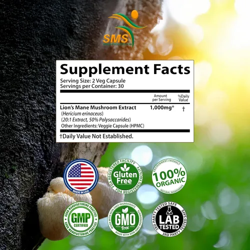 Vista 5 de Lion's Mane Pills Cápsulas de cognición de hongos (60 cápsulas vegetales) 30% de polisacáridos - Cápsulas de extracto de melena de león Suplemento
