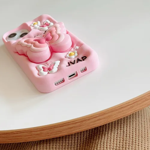 Vista 4 de Funda compatible con iPhone 11, linda funda 3D Kawaii divertida de dibujos animados con soporte de mariposa rosa para mujeres y niñas, protector