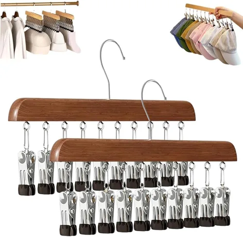 Vista 9 de Organizador de armario con 10 clips, organizador colgante de armario ajustable de madera para armario, colgador de pantalones de acero inoxidable