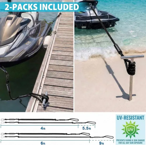Vista 3 de Obcursco Líneas de muelle elásticas para barco, cuerda de amarre con clips de acero inoxidable 316, accesorios para moto acuática, PWC, SeaDoo