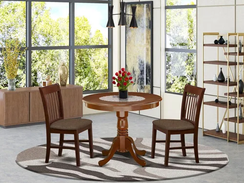 Vista 2 de East West Furniture ANNO3-MAH-C Juego de mesa y sillas de cocina de 3 piezas contiene una mesa de comedor redonda con pedestal y 2 sillas de comedor