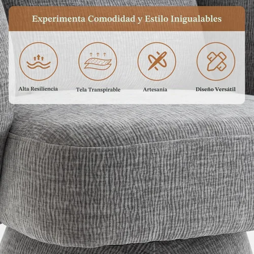 Vista 6 de Silla giratoria de 360°, moderna silla de barril de terciopelo con almohada, sofá individual tapizado para sala de estar, dormitorio, oficina. Gris