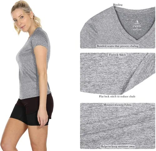 Vista 4 de Icyzone - Camisetas deportivas de cuello en V y manga corta para mujer, ropa de entrenamiento para yoga, correr, acondicionamiento físico y deportes