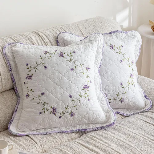 Vista 10 de vctops Juego de 2 fundas de cojines decorativos cuadradas de algodón acolchado bordado con volantes de diseño floral suave para sillón, sofá, cama