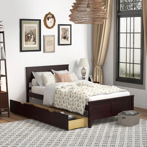 Vista 3 de GOFLAME - Base de cama tamaño individual con 2 cajones, base de plataforma con cabecera y estribo de madera maciza, listones de madera para soporte